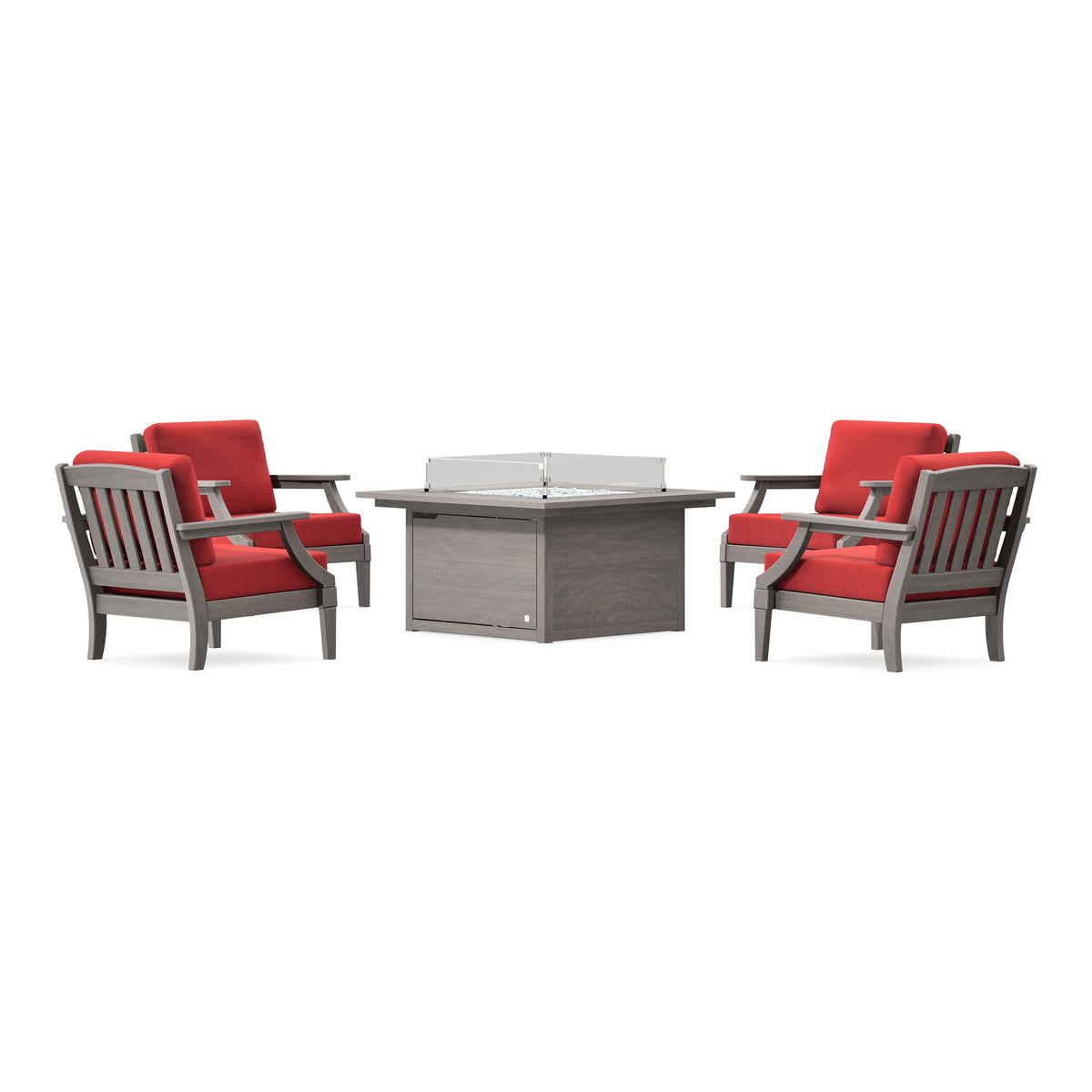 POLYWOOD PW Designer Series Estate 5-Piece Lounge Fire Table Set in Driftwood / Crimson Linen