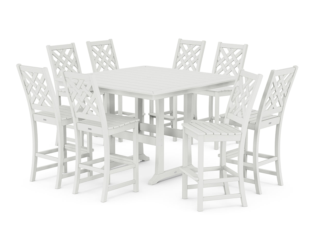 POLYWOOD Country Living Wovendale Side Chair 9-Piece Square Bar Set with Trestle Legs in White