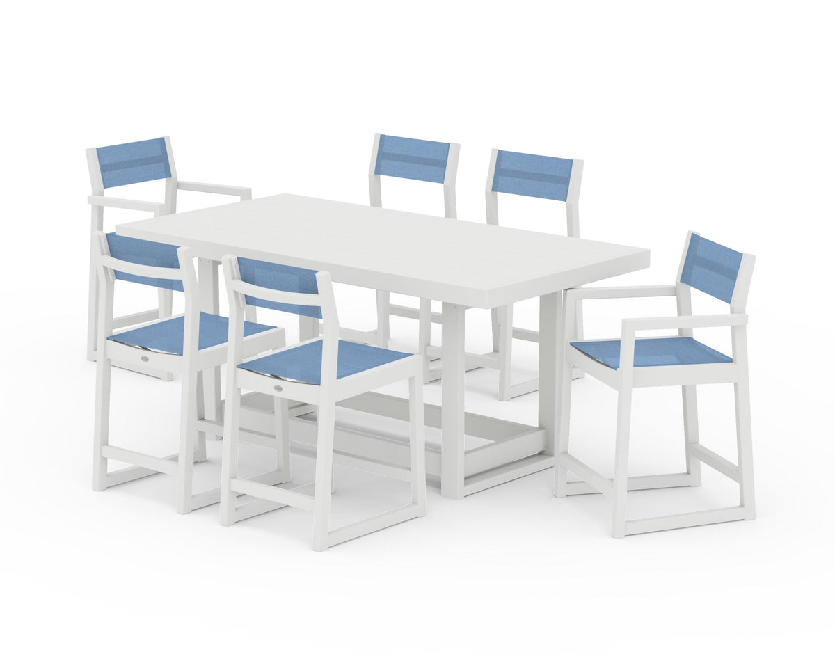 POLYWOOD EDGE Sling 7-Piece Counter Table Set in Vintage White / Poolside