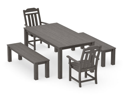 POLYWOOD Cottage 5-Piece Parsons Dining Set with Benches in Driftwood