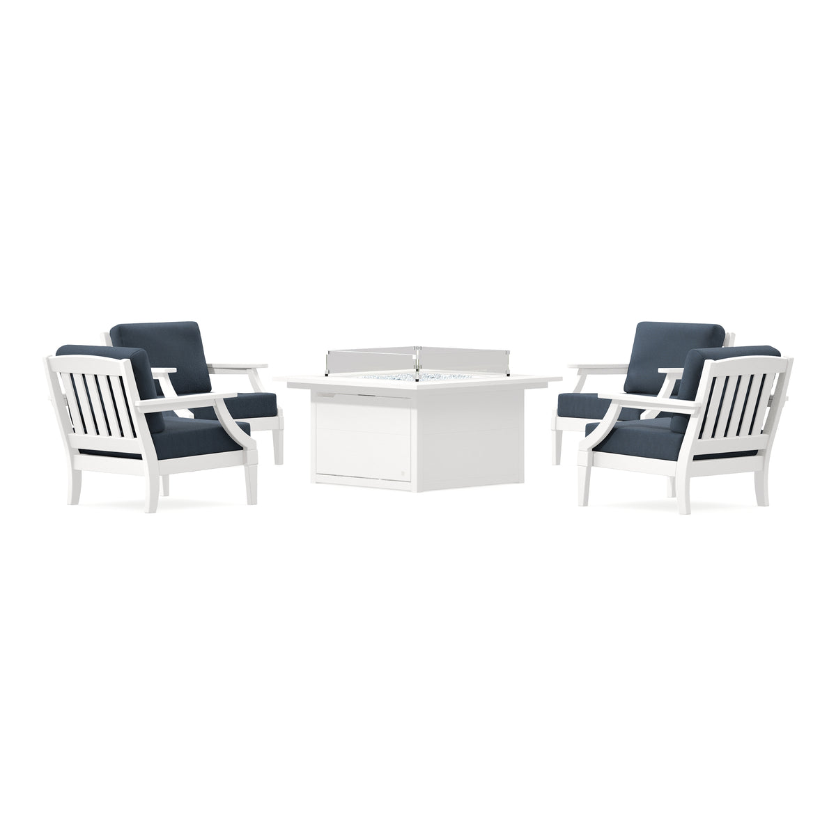 POLYWOOD PW Designer Series Estate 5-Piece Lounge Fire Table Set in Vintage White / Marine Indigo