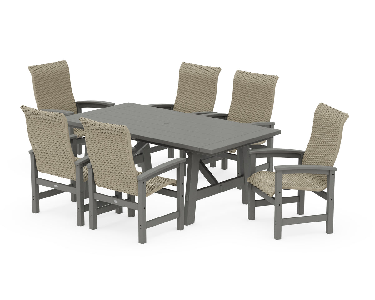 POLYWOOD Coastal Woven High-Back Arm Chair 7-Piece Rustic Farmhouse Dining Set in Slate Grey / Dune Grass