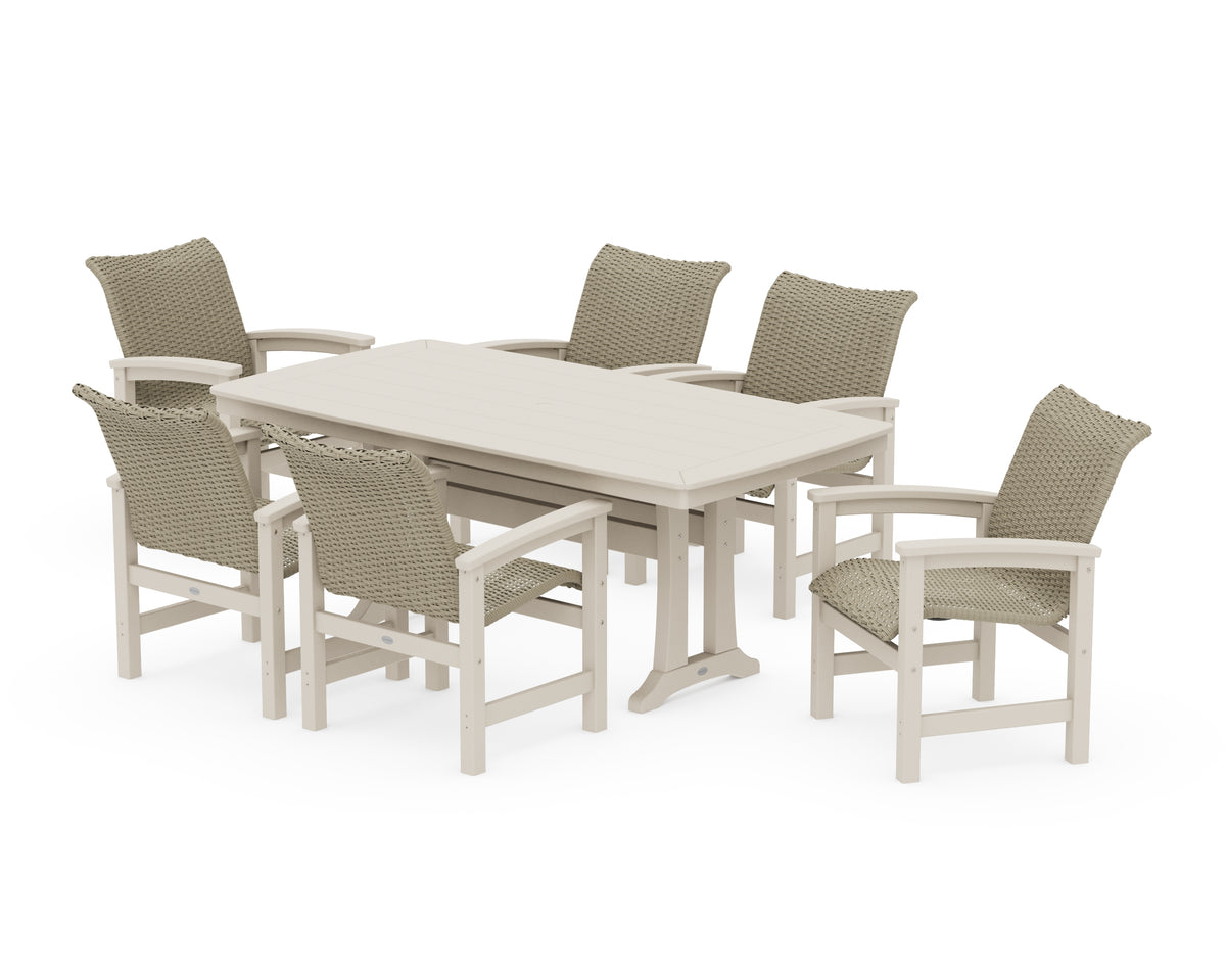 POLYWOOD Coastal Woven Arm Chair 7-Piece Dining Set with Trestle Legs in Sand / Dune Grass