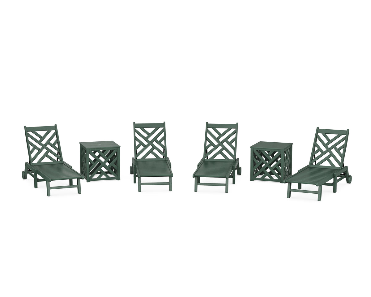 POLYWOOD Chippendale 6-Piece Chaise Set with Wheels and Umbrella Stand Accent Table in Green