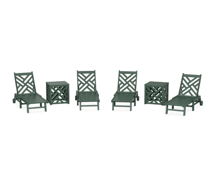 POLYWOOD Chippendale 6-Piece Chaise Set with Wheels and Umbrella Stand Accent Table in Green