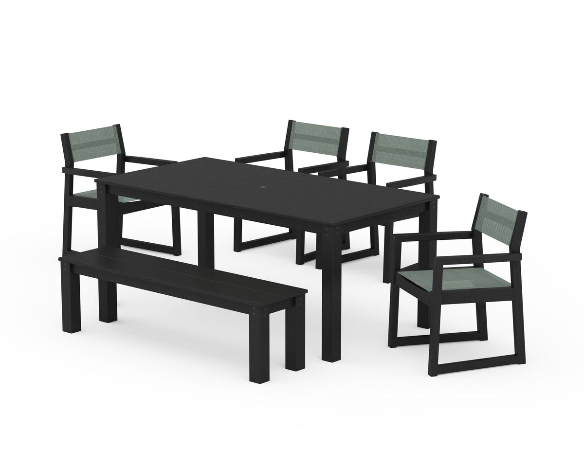 POLYWOOD EDGE Sling Arm Chair 6-Piece Parsons Dining Set with Bench in Black / Dupioni Sea Mist