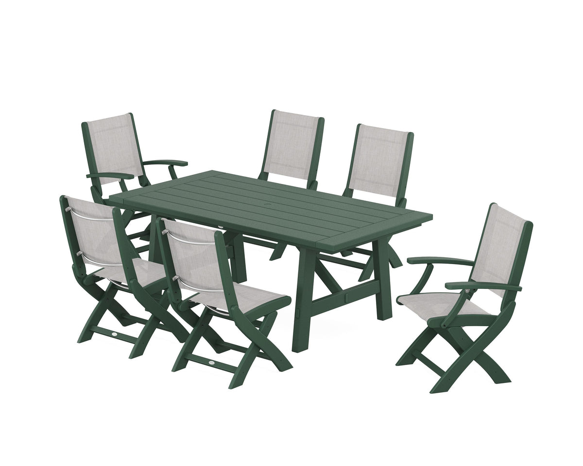 POLYWOOD Coastal Folding Chair 7-Piece Rustic Farmhouse Dining Set in Green / Parchment
