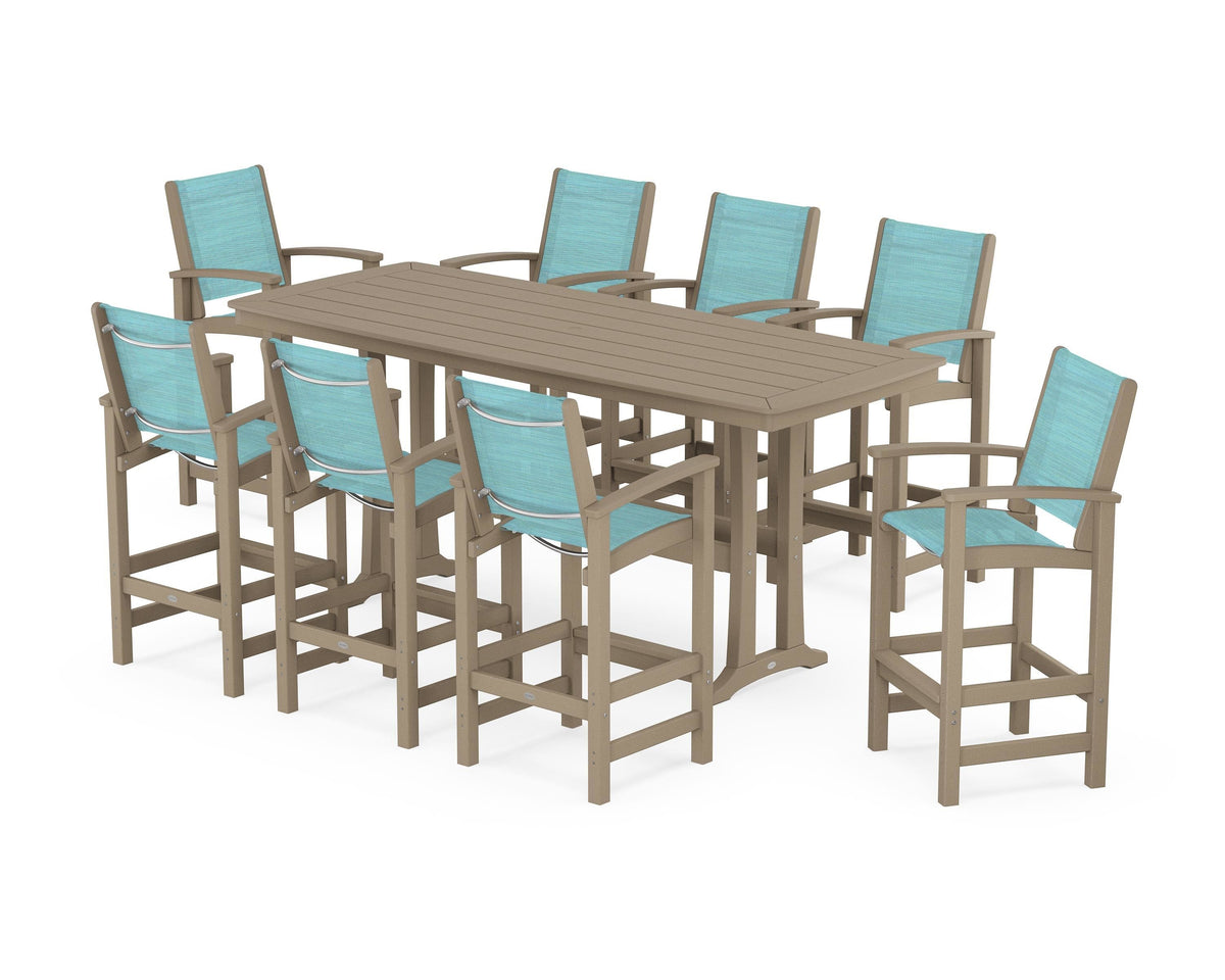 POLYWOOD Coastal 9-Piece Bar Set with Trestle Legs in Vintage Sahara / Dupioni Aquamarine