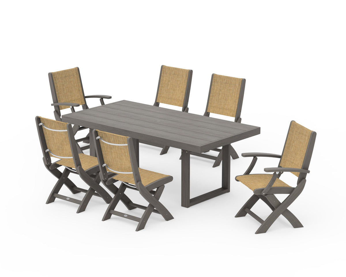 POLYWOOD Coastal Folding Chair 7-Piece Dining Set with Trestle Legs with EDGE 40" x 78" Dining Table in Driftwood / Burlap