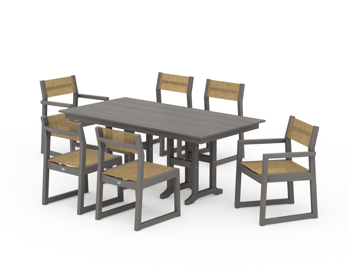 POLYWOOD EDGE Sling 7-Piece Farmhouse Dining Set in Driftwood / Burlap