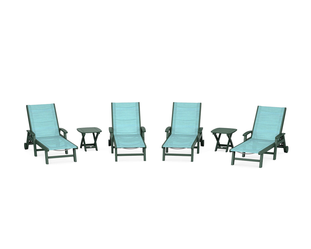 POLYWOOD Coastal Chaise 6-Piece Set with Wheels in Green / Dupioni Aquamarine
