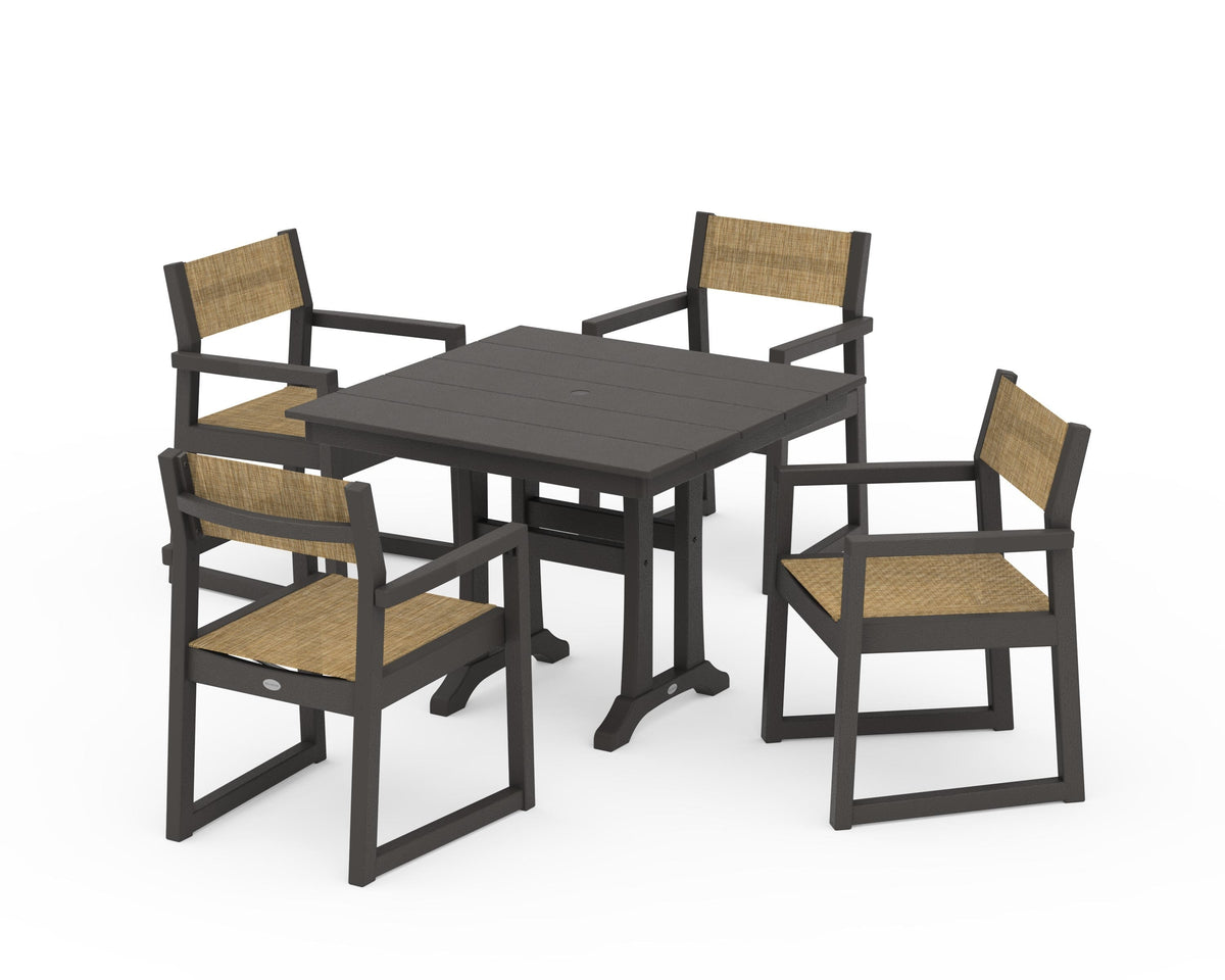 POLYWOOD EDGE Sling 5-Piece Farmhouse Dining Set with Trestle Legs in Vintage Coffee / Burlap