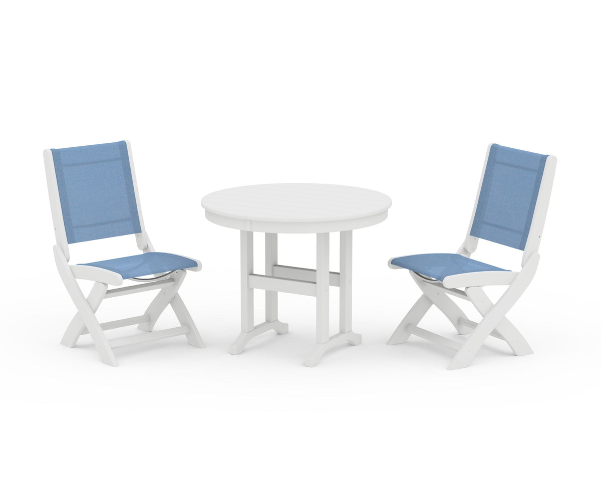 POLYWOOD Coastal Folding Side Chair 3-Piece Round Dining Set in White / Poolside