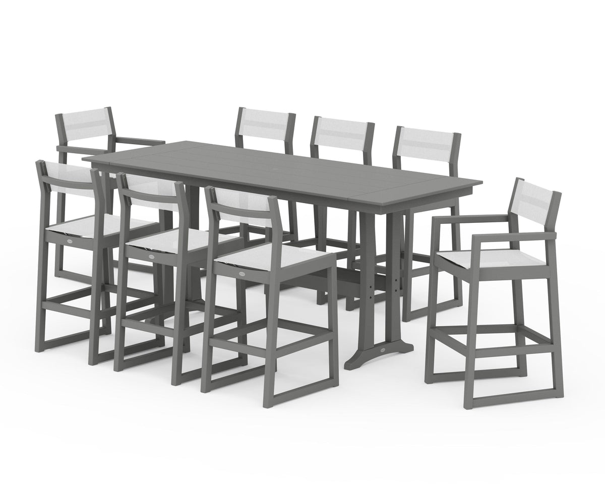 POLYWOOD EDGE Sling 9-Piece Farmhouse Bar Set with Trestle Legs in Slate Grey / White