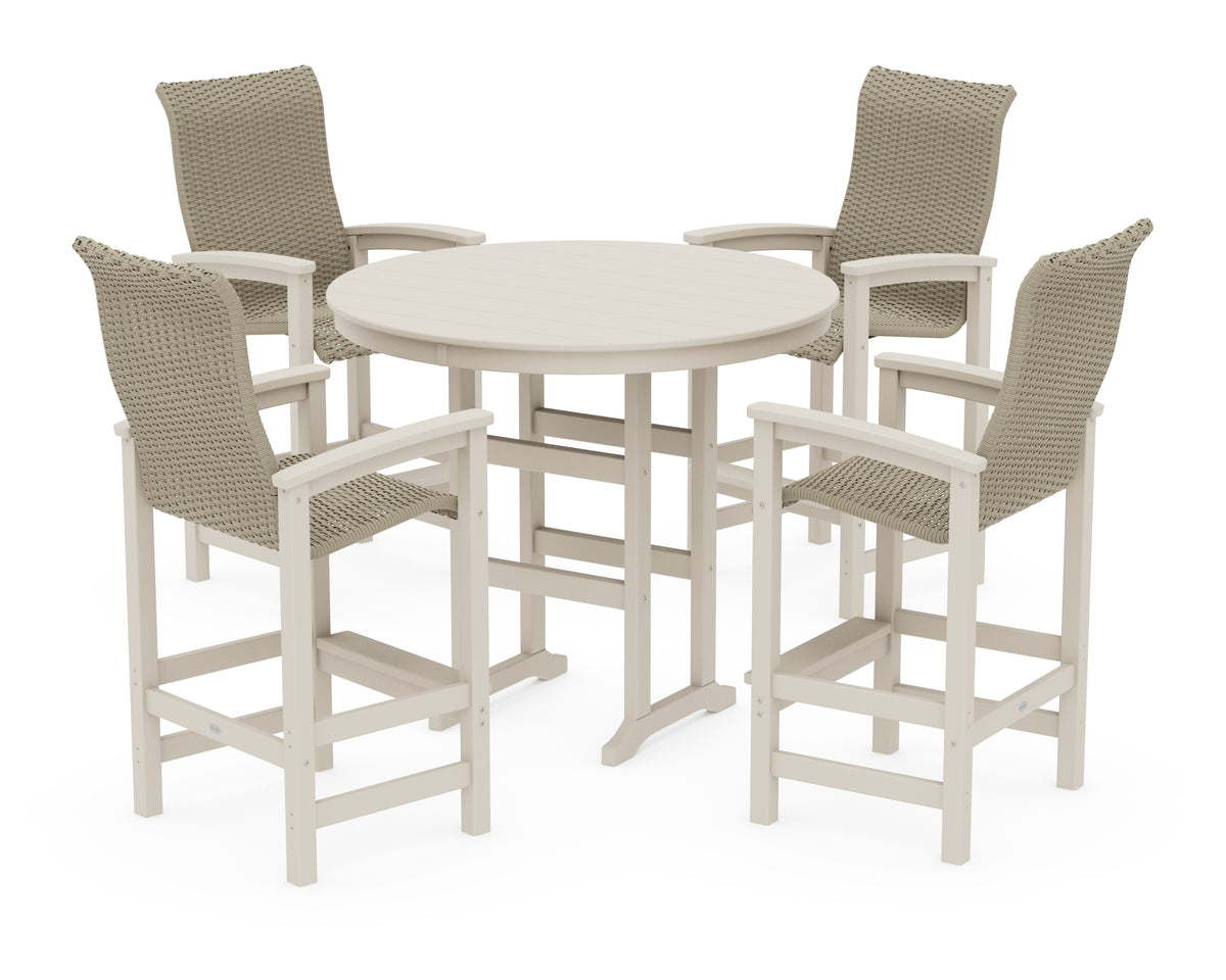POLYWOOD Coastal Woven High-Back 5-Piece Round Farmhouse Bar Set in Sand / Dune Grass
