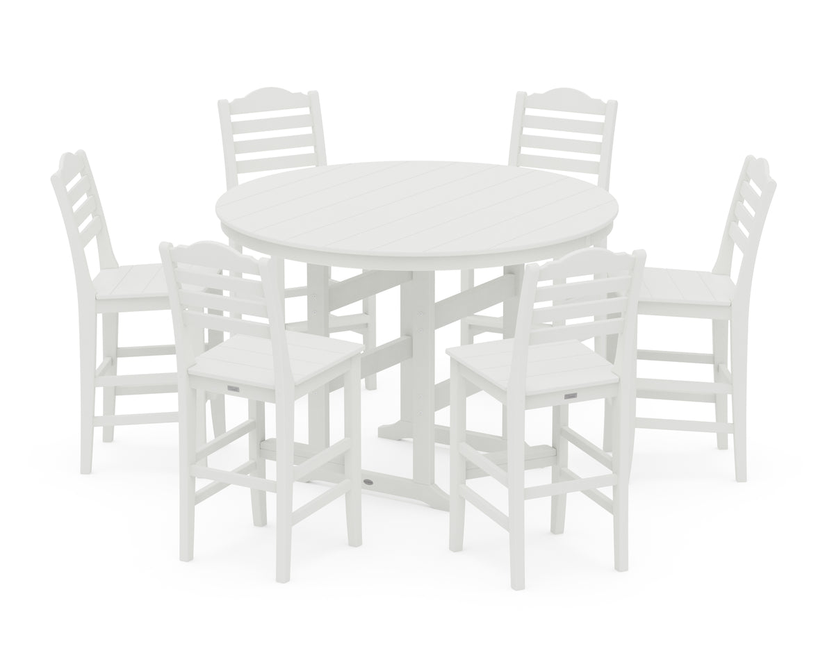 POLYWOOD Savannah 7-Piece Farmhouse Side Chair Round Bar Set in Vintage White