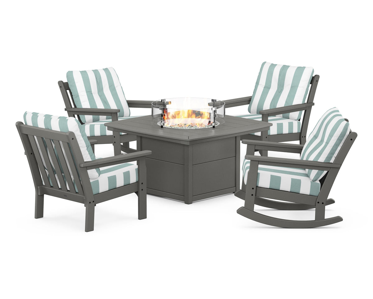 POLYWOOD Vineyard 5-Piece Deep Seating Rocking Chair Conversation Set with Fire Pit Table in Slate Grey / Cabana Stripe Glacier Spa