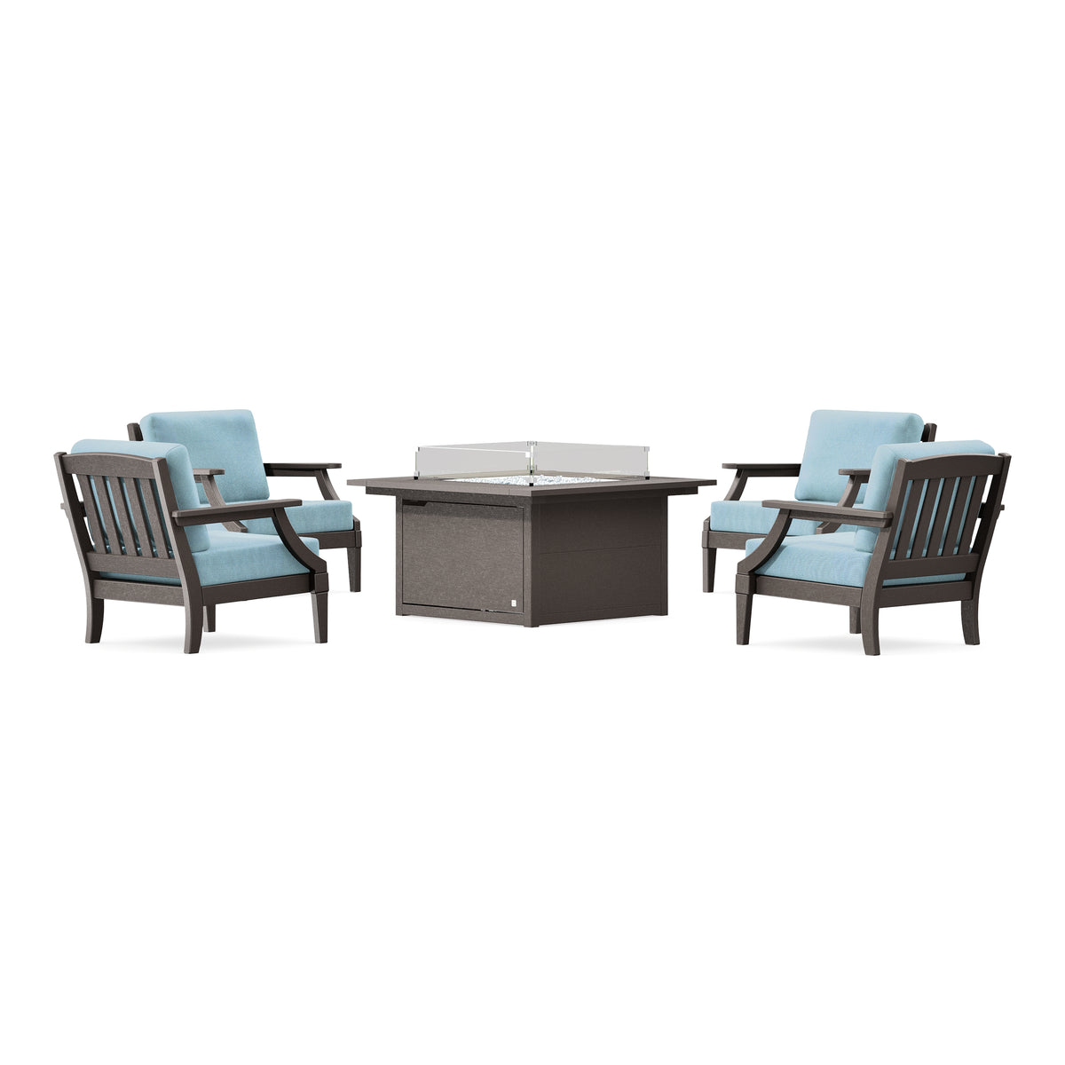 POLYWOOD PW Designer Series Estate 5-Piece Lounge Fire Table Set in Vintage Coffee / Lattice Sky Blue