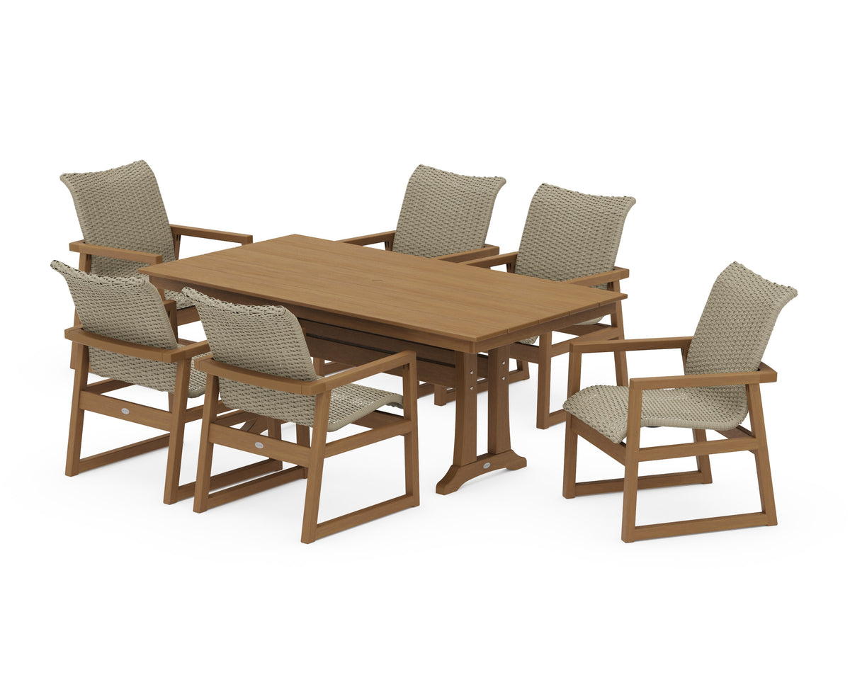 POLYWOOD EDGE Woven Arm Chair 7-Piece Farmhouse Dining Set with Trestle Legs in Natural / Dune Grass