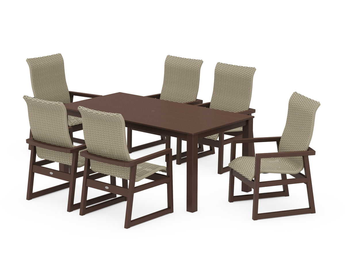 POLYWOOD EDGE Woven High-Back Arm Chair 7-Piece Parsons Dining Set in Mahogany / Dune Grass