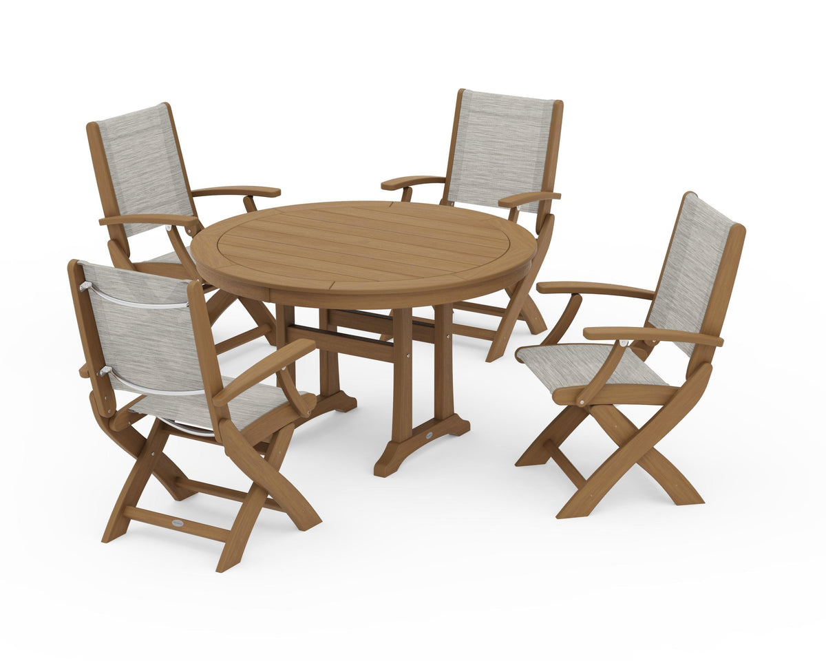 POLYWOOD Coastal Folding Chair 5-Piece Round Dining Set with Trestle Legs in Natural / Birch