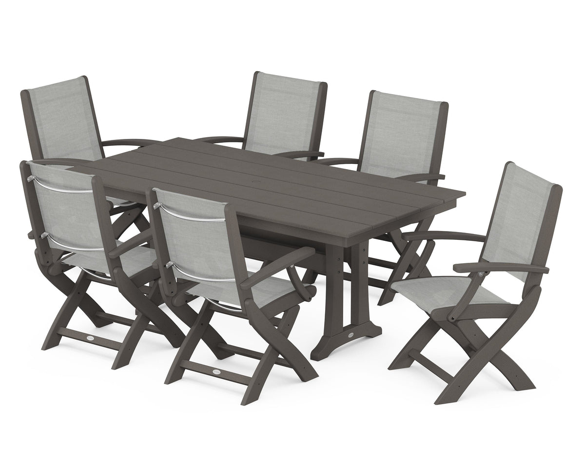 POLYWOOD Coastal Folding Arm Chair 7-Piece Farmhouse Dining Set with Trestle Legs in Vintage Coffee / Metallic