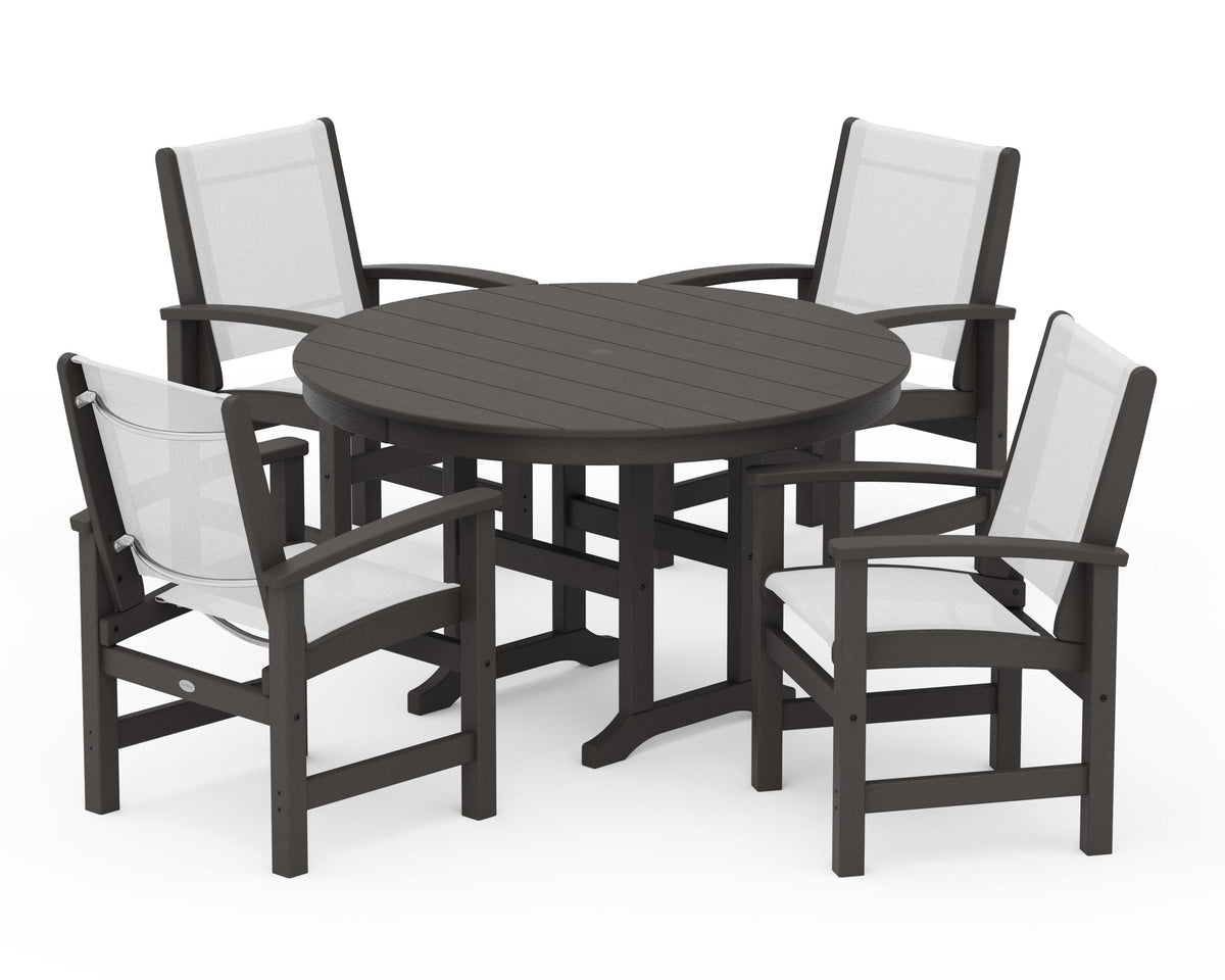 POLYWOOD Coastal 5-Piece Round Farmhouse Dining Set in Vintage Coffee / White