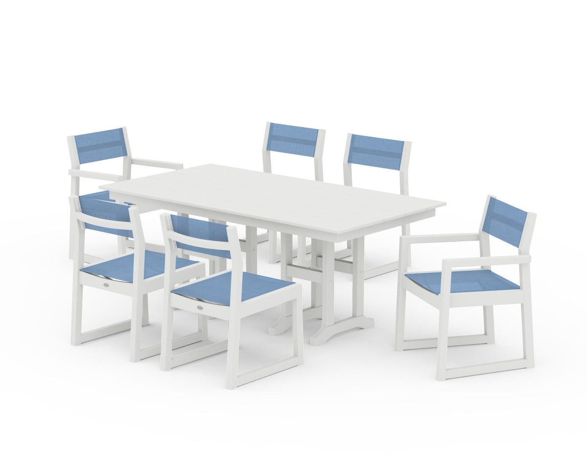 POLYWOOD EDGE Sling 7-Piece Farmhouse Dining Set in Vintage White / Poolside