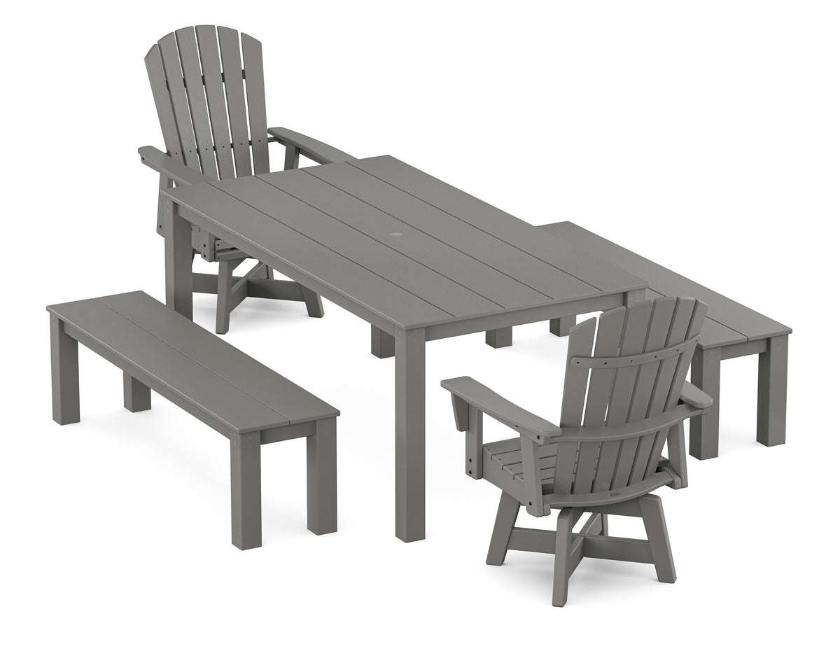 POLYWOOD Nautical Curveback Adirondack Swivel 5-Piece Parsons Dining Set with Benches in Slate Grey