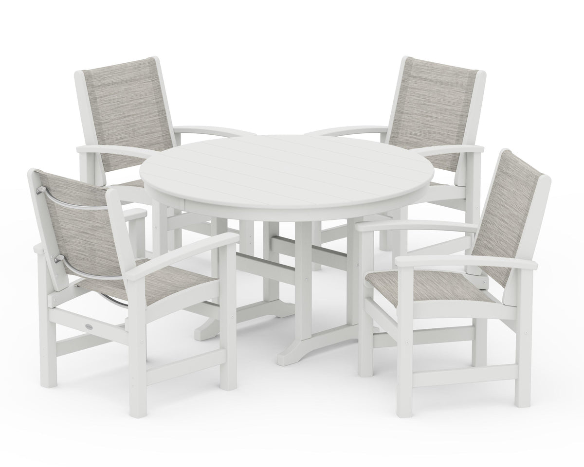 POLYWOOD Coastal 5-Piece Round Farmhouse Dining Set in Vintage White / Birch
