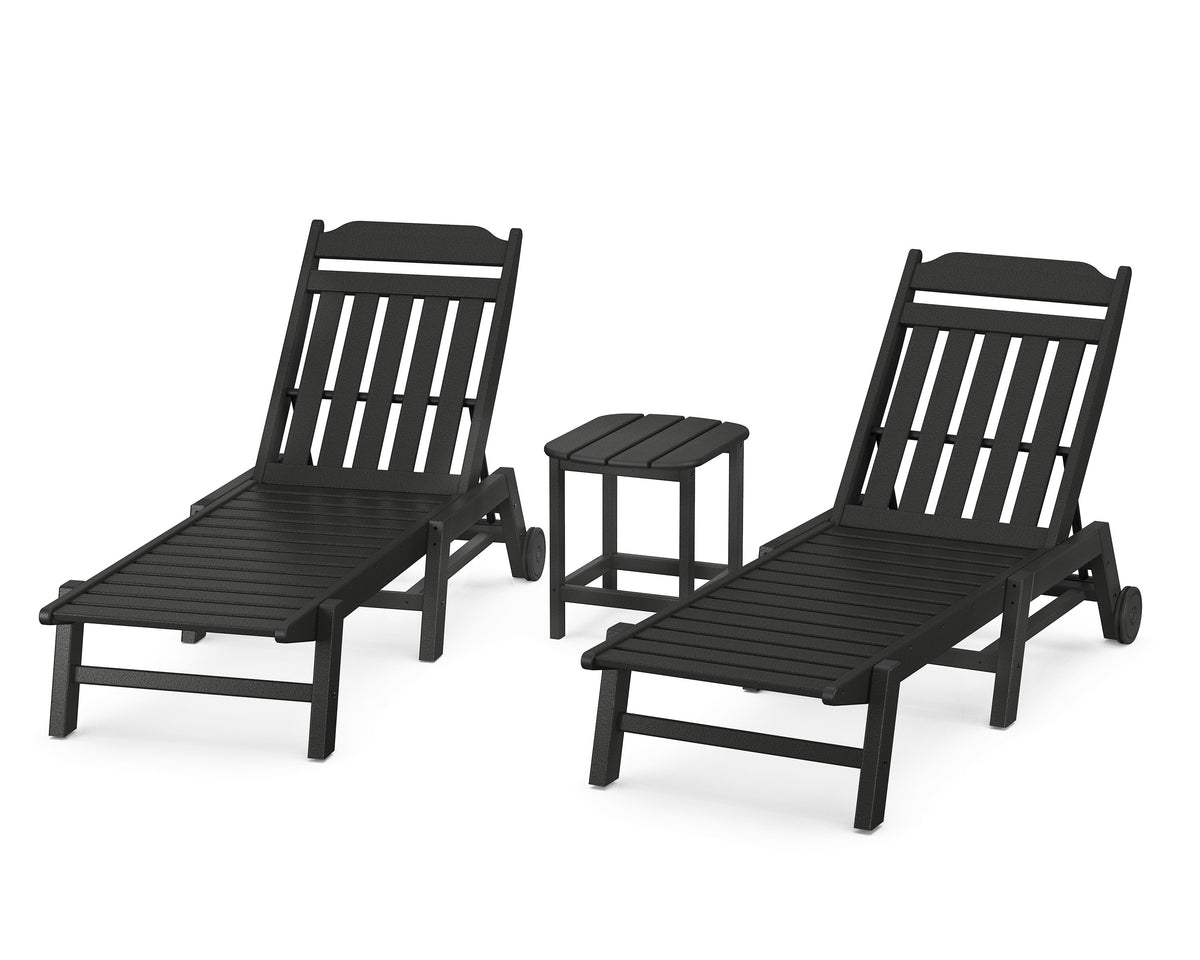 POLYWOOD Cottage 3-Piece Chaise Set with Wheels in Black