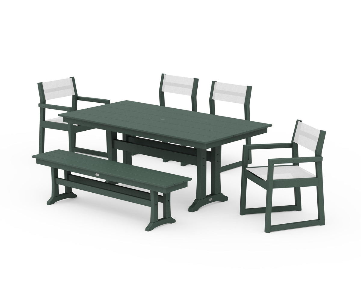 POLYWOOD EDGE Sling 6-Piece Farmhouse Dining Set With Trestle Legs in Green / White