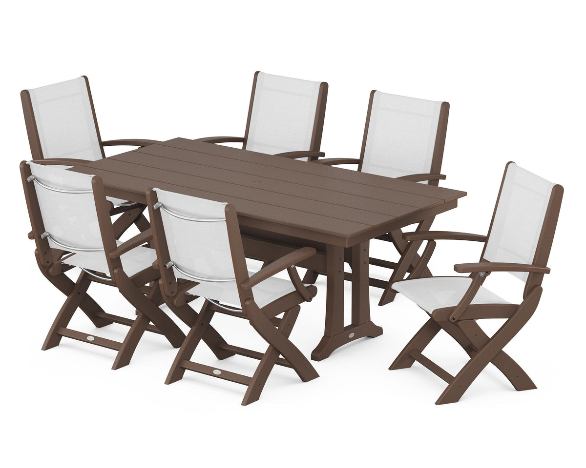 POLYWOOD Coastal Folding Arm Chair 7-Piece Farmhouse Dining Set with Trestle Legs in Mahogany / White