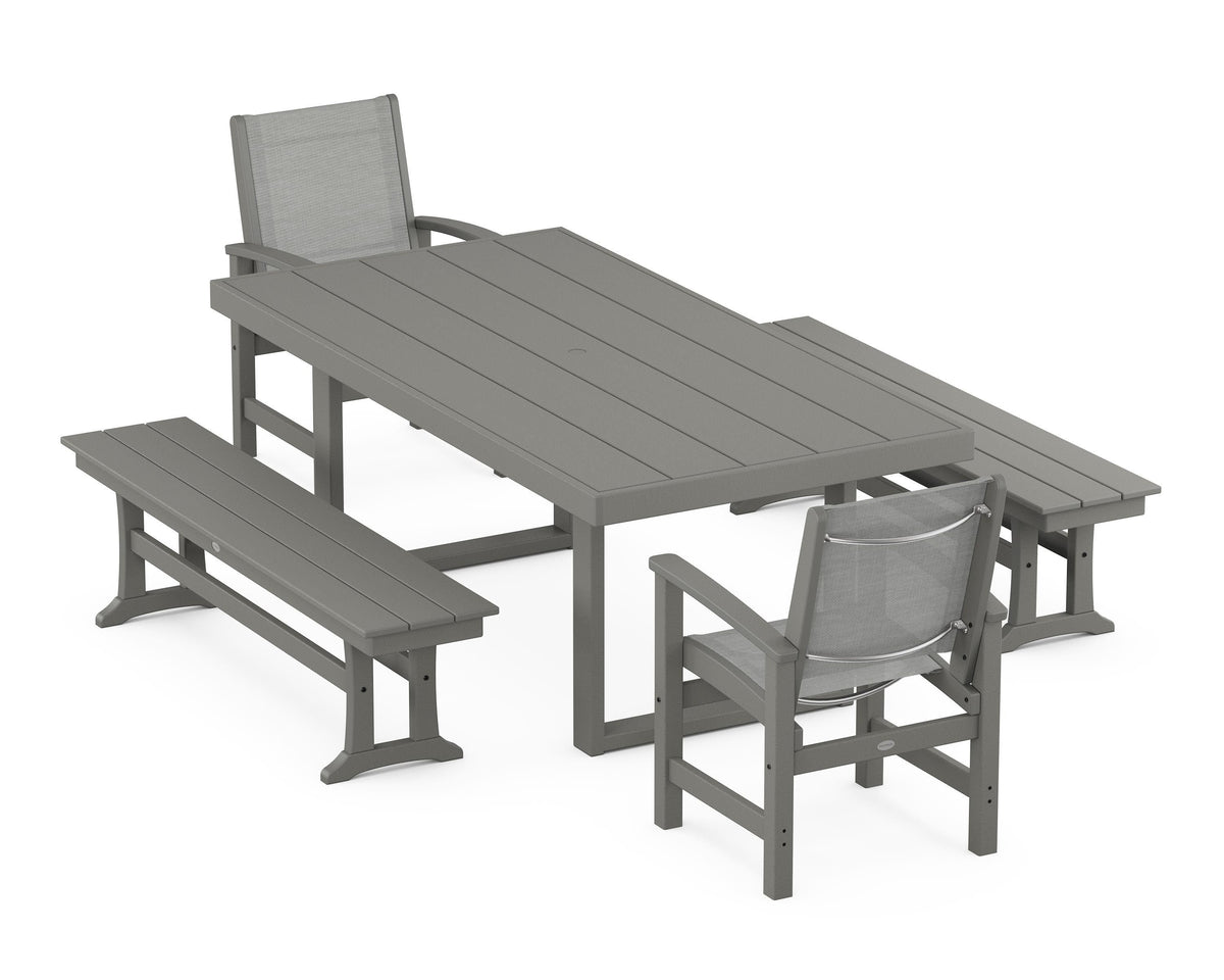 POLYWOOD Coastal 5-Piece Dining Set with Trestle Legs with EDGE 40" x 78" Dining Table in Slate Grey / Metallic