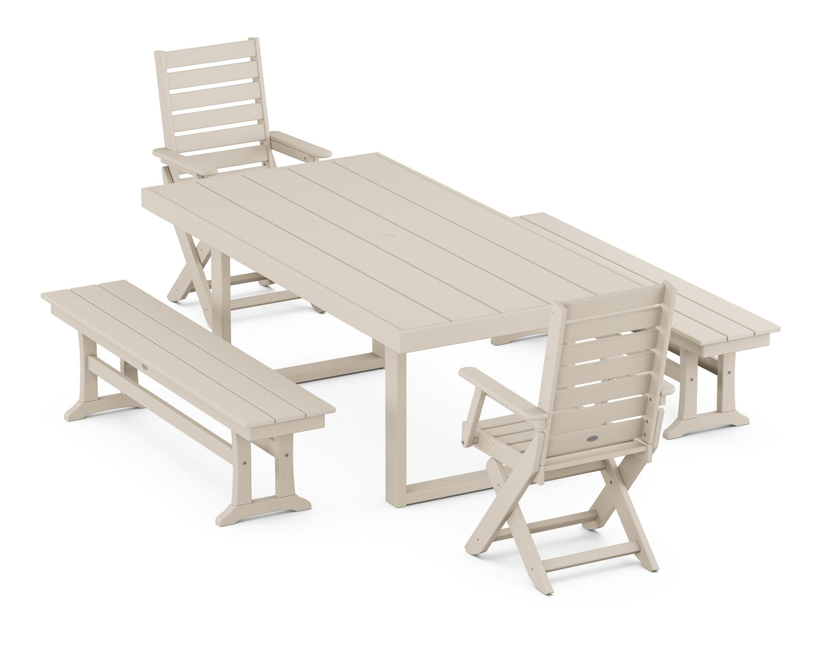 POLYWOOD Captain Folding Chair 5-Piece Dining Set with Benches - 39" x 78" Table in Sand