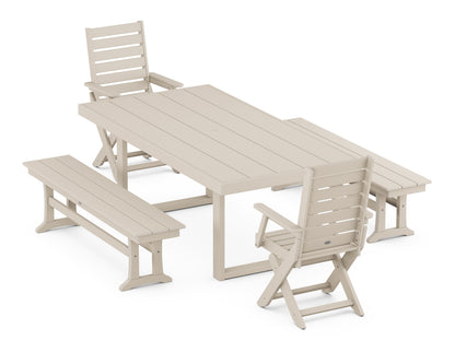 POLYWOOD Captain Folding Chair 5-Piece Dining Set with Benches - 39" x 78" Table in Sand