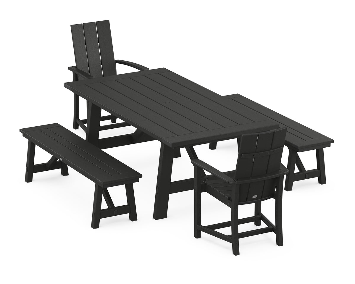 POLYWOOD Modern Adirondack 5-Piece Rustic Farmhouse Dining Set with Benches in Black