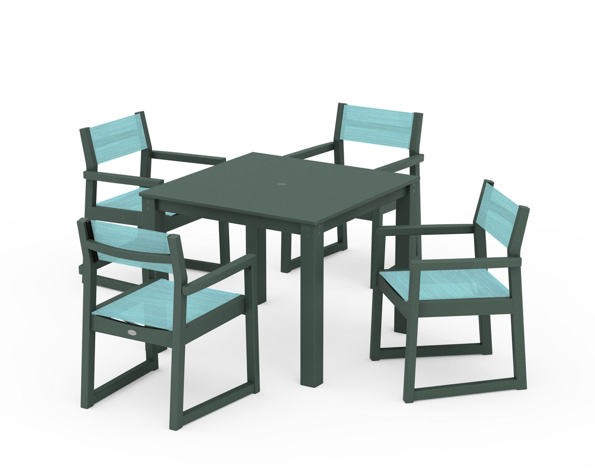 POLYWOOD EDGE Sling Arm Chair 5-Piece Parsons Dining Set in Green / Dupioni Aquamarine