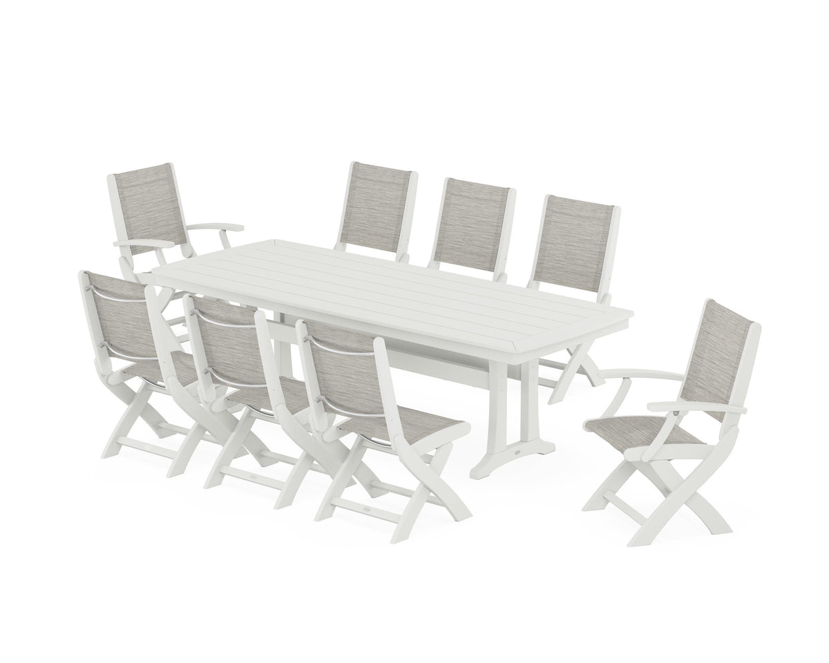 POLYWOOD Coastal Folding 9-Piece Dining Set with Trestle Legs in Vintage White / Birch