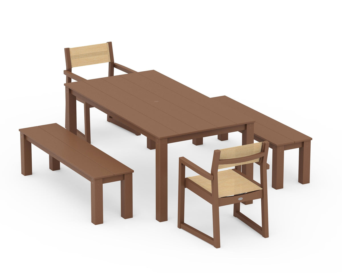 POLYWOOD EDGE Sling Arm Chair 5-Piece Parsons Dining Set with Benches in Teak / Dupioni Apricot
