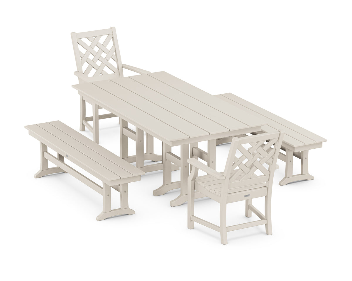 POLYWOOD Wovendale 5-Piece Farmhouse Dining Set with Benches in Sand