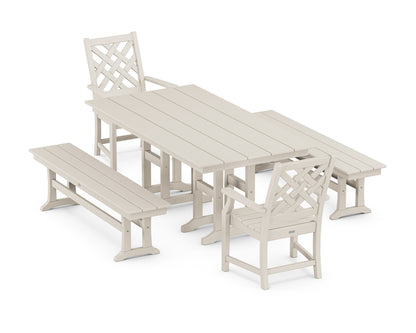 POLYWOOD Wovendale 5-Piece Farmhouse Dining Set with Benches in Sand