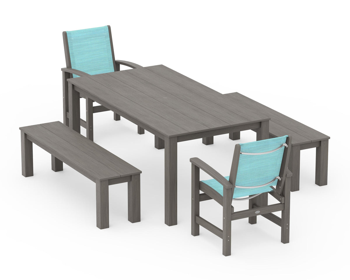 POLYWOOD Coastal 5-Piece Parsons Dining Set with Benches in Driftwood / Dupioni Aquamarine