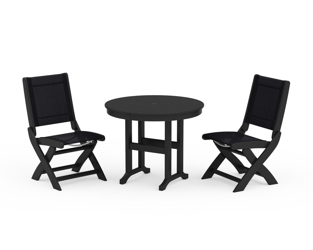 POLYWOOD Coastal Folding Side Chair 3-Piece Round Dining Set in Black / Black