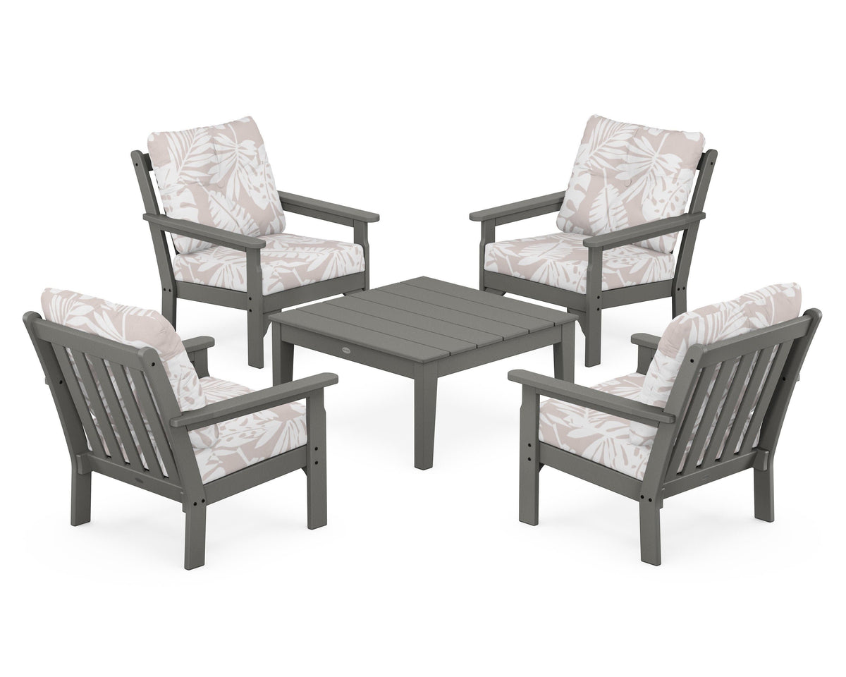 POLYWOOD Vineyard 5-Piece Deep Seating Conversation Set in Slate Grey / Leaf Dune Burlap