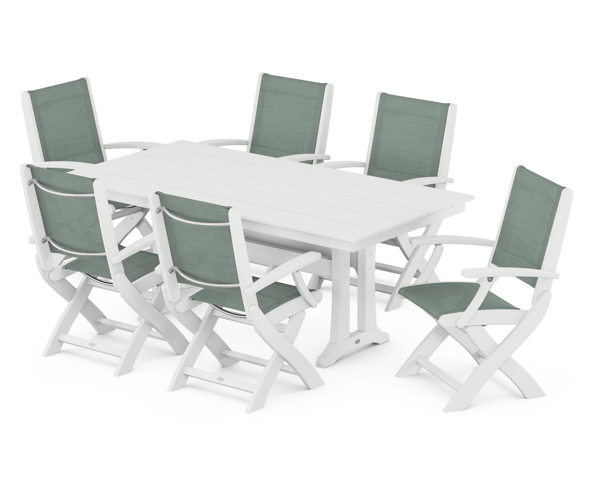 POLYWOOD Coastal Folding Arm Chair 7-Piece Farmhouse Dining Set with Trestle Legs in White / Dupioni Sea Mist