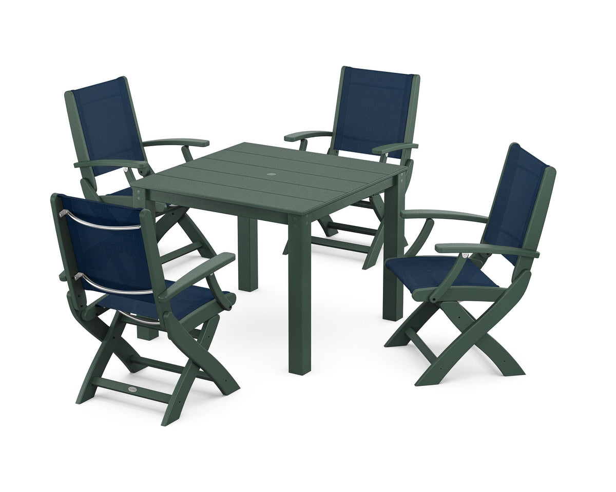 POLYWOOD Coastal Folding Chair 5-Piece Parsons Dining Set in Green / Navy Blue