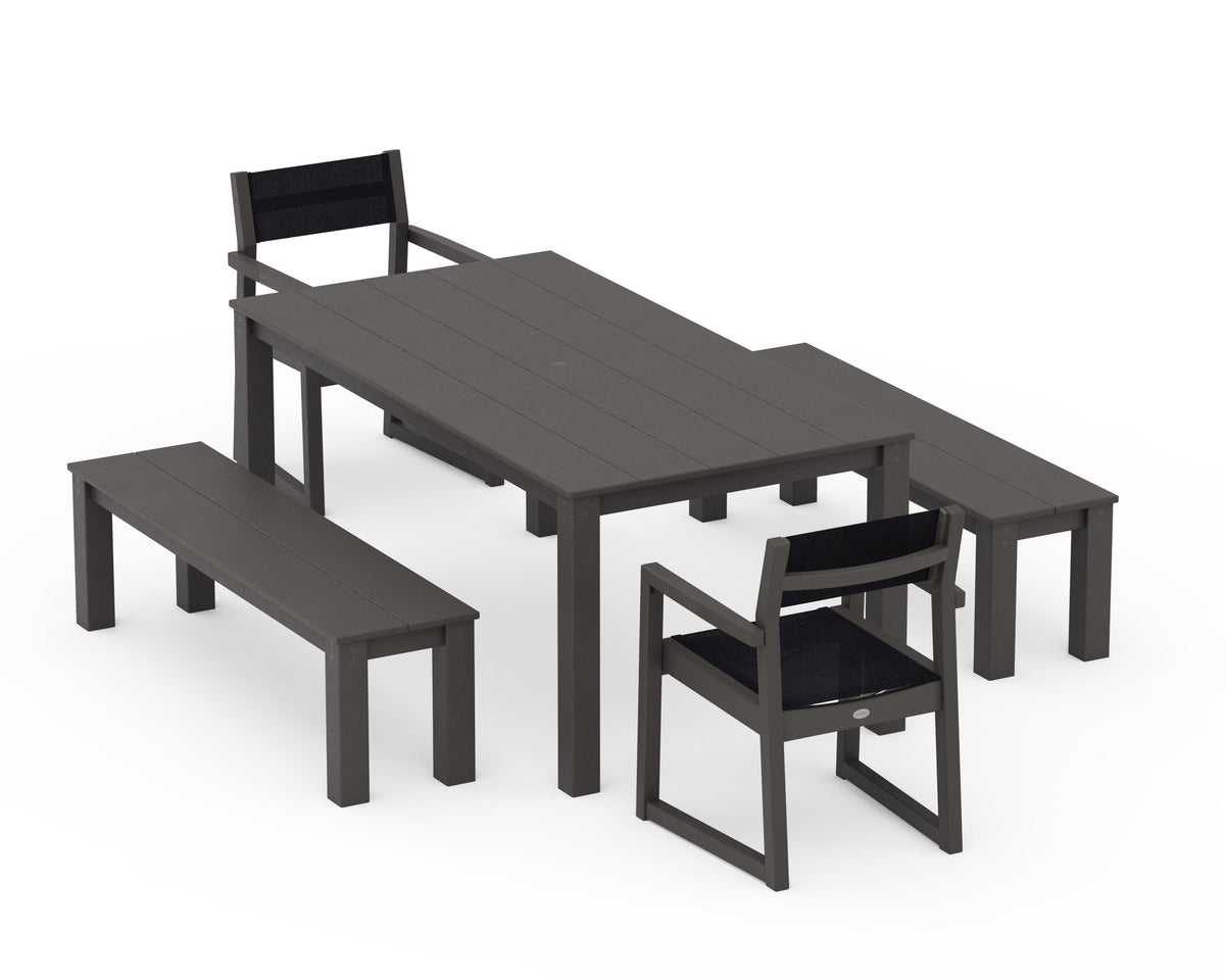 POLYWOOD EDGE Sling Arm Chair 5-Piece Parsons Dining Set with Benches in Vintage Coffee / Black
