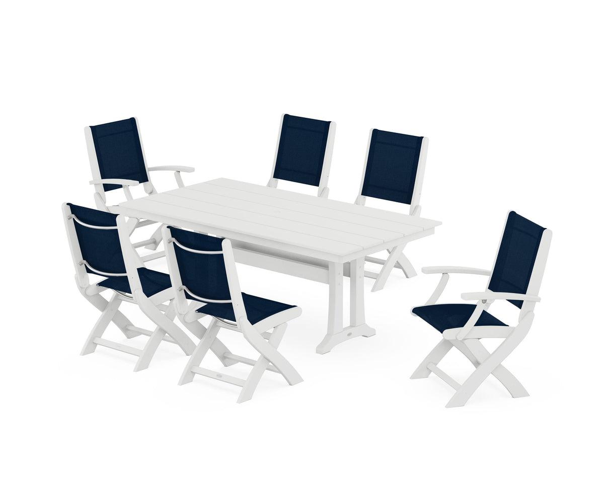 POLYWOOD Coastal Folding Chair 7-Piece Farmhouse Dining Set with Trestle Legs in White / Navy Blue