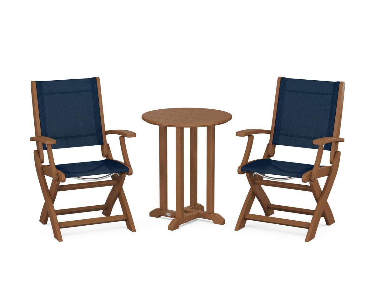 POLYWOOD Coastal Folding 3-Piece Round Bistro Dining Set in Teak / Navy Blue